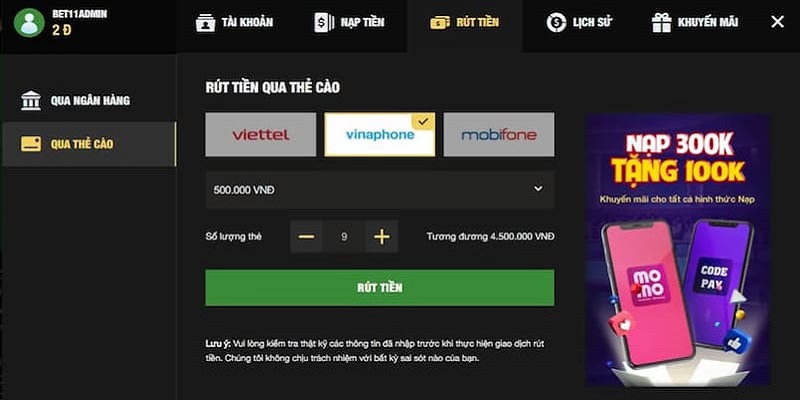 Rút tiền 11BET được thực hiện bằng các bước đơn giản